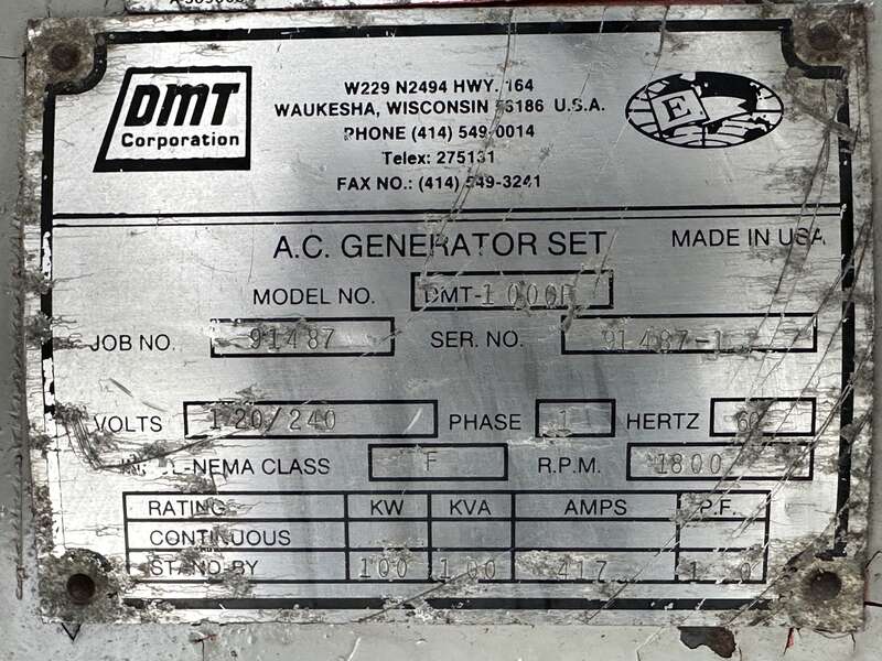Used DMT 1000P Natural Gas Generator, 391 Hrs, Single Phase