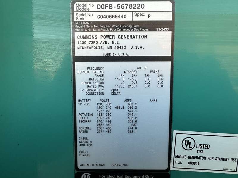 Used Cummins DGFB 6CTA8.3-G2 Diesel Generator, 713 Hrs