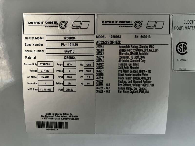 Used Kohler 1250ROZD4 Diesel Generator, 167 Hrs