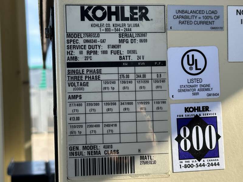 Used Kohler 275REOZJD John Deere 6090HF485 Diesel Generator, 342 Hrs, EPA Tier 3