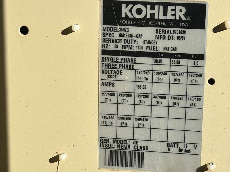 Used Kohler 35RZG Natural Gas / Propane Generator, 524 Hrs Single Phase