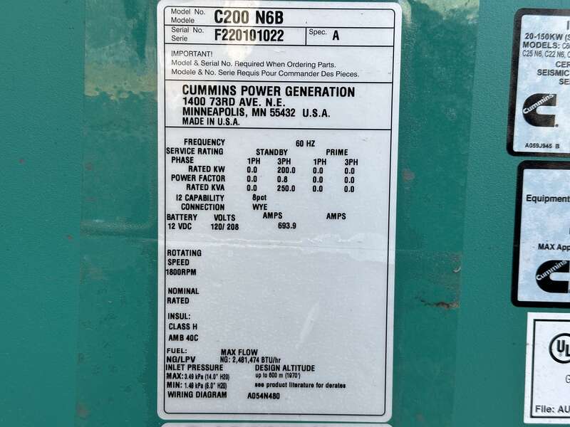 Used Cummins C200N6B QSJ8.9G Natural Gas / Propane Generator, 547 Hrs, EPA Certified