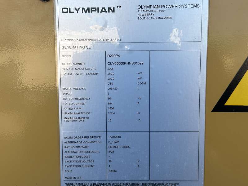 Used Caterpillar D200P4 Diesel Generator, 172 Hrs