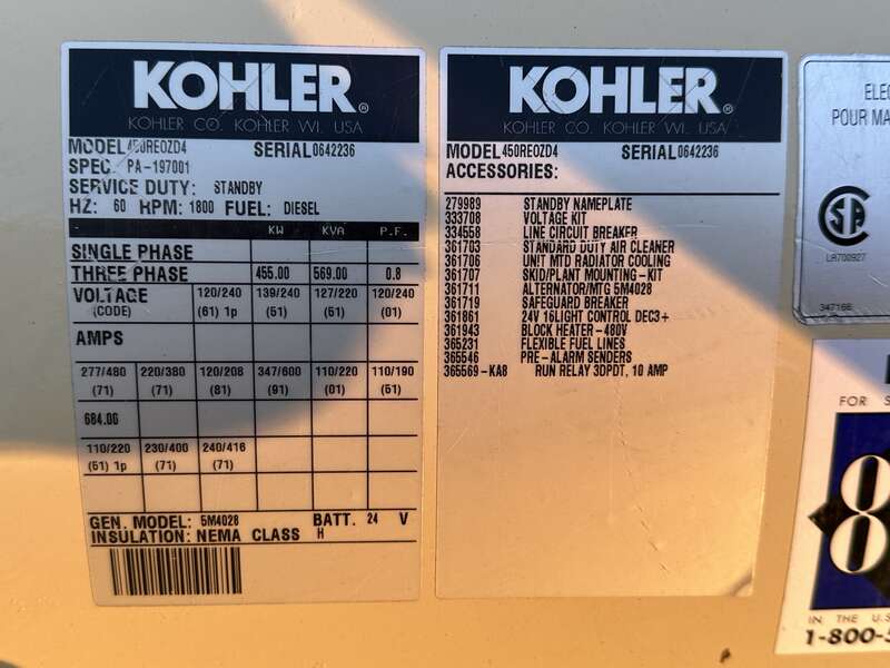 Used Kohler 450REOZD4 MTU 8V2000 Diesel Generator, 519 Hrs