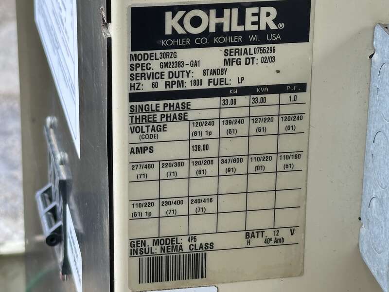 Used Kohler 30RZG Natural Gas / Propane Generator, 467 Hrs Single Phase