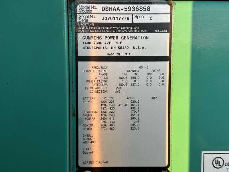 Used Cummins DSHAA QSL9-G2 Diesel Generator, 2895 hrs, EPA Tier 3
