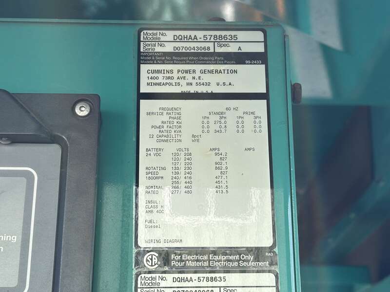 Used Cummins DQHAA QSM11-G4 Diesel Generator, 683 Hrs EPA Tier 3