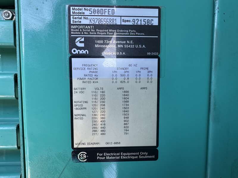 Used Cummins DFED KTA19-G4 Diesel Generator, 711 Hrs