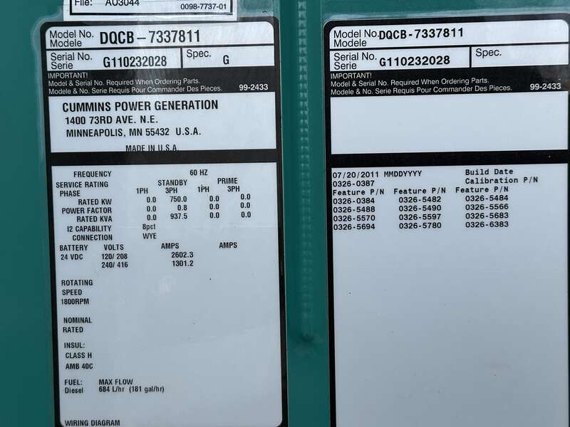 Used Cummins DQCB QSK23-G7 NR2 Diesel Generator, 505 Hrs, EPA Tier 2