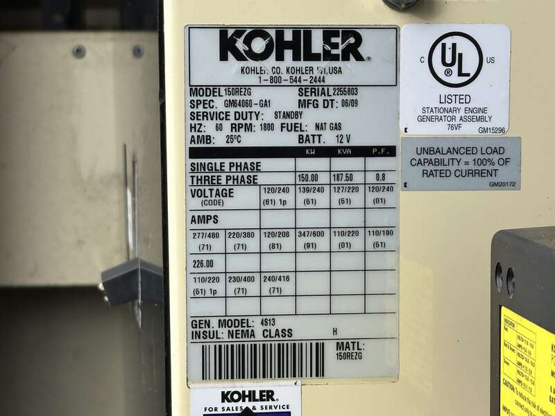 Used Kohler 150REZG Natural Gas / Propane Generator, 133 Hrs
