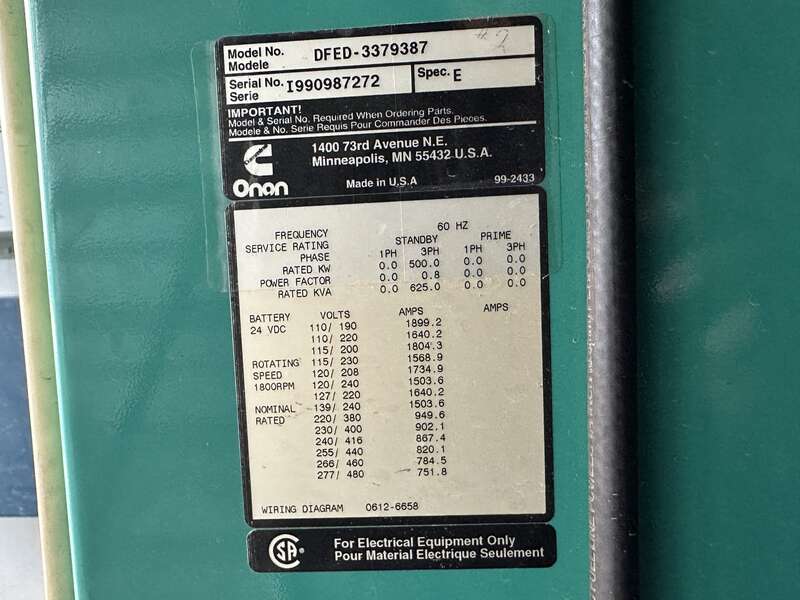 Used Cummins DFED KTA19-G4 Diesel Generator, 175 Hrs