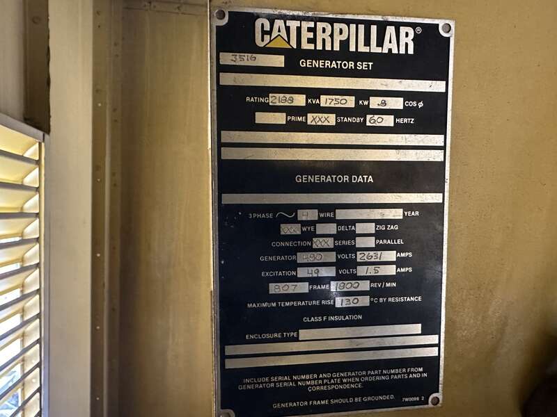 Used Caterpillar 3516 Diesel Generator, 625 Hrs