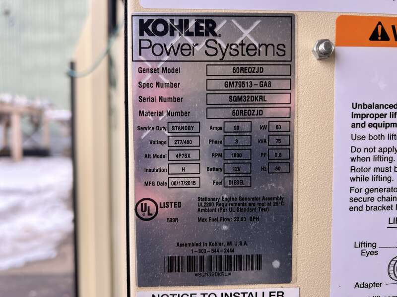 Used Kohler 60REOZJD John Deere 4045HF285 Diesel Generator, 324 Hrs, EPA Tier 3