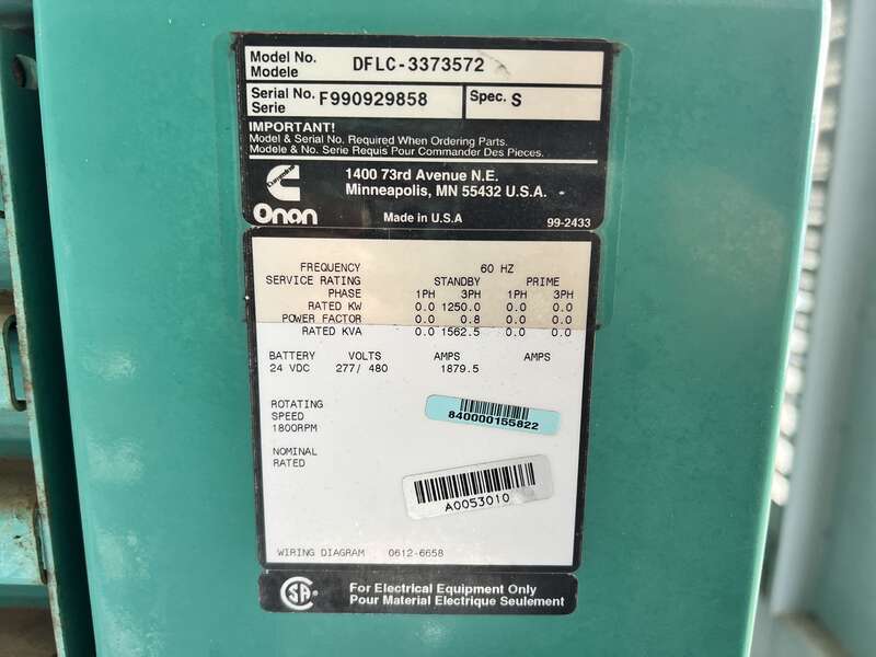 Used Cummins DFLC KTA50-G3 Diesel Generator, 757 Hrs