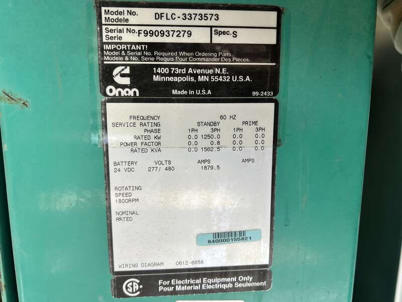 Used Cummins DFLC KTA50-G3 Diesel Generator, 546 Hrs