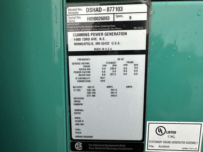 Cummins DSHAD QSL9-G2 NR3 Diesel Generator,  296 Hours EPA Tier 3