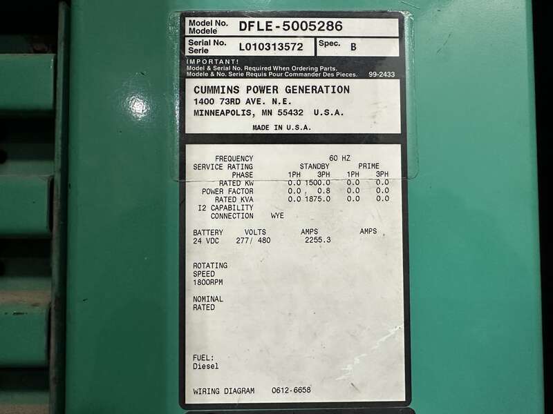Used Cummins DFLE KTA50-G9 Diesel Generator, 806 Hrs