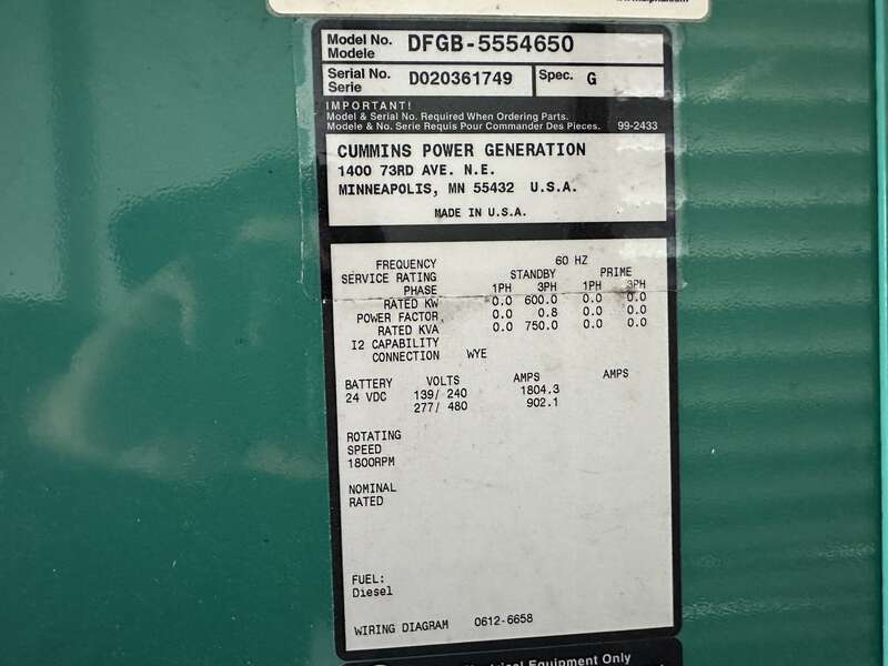 Used Cummins DFGB VTA28-G5 Diesel Generator, 231 Hrs