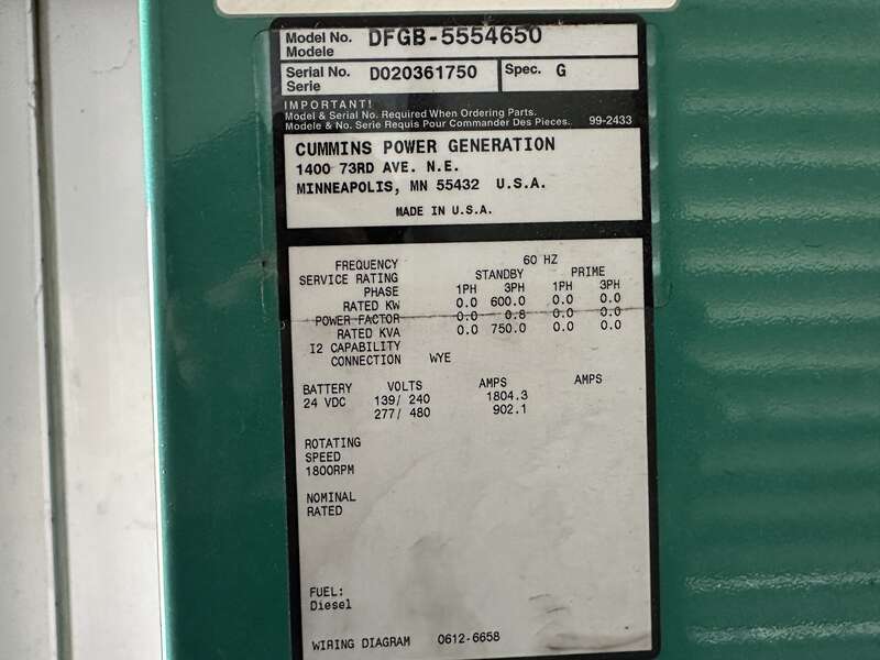Used Cummins DFGB VTA28-G5 Diesel Generator, 63 Hrs