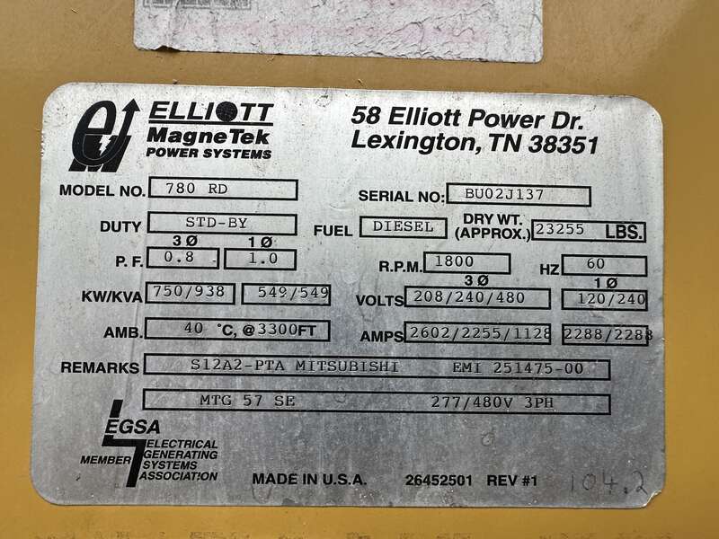 Used Elliot 780 RD Diesel Generator, 306 Hrs