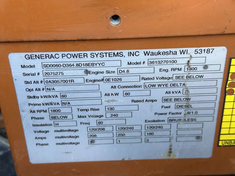 Used Generac SD060 Rental Grade Diesel Generator 8.6 Hrs