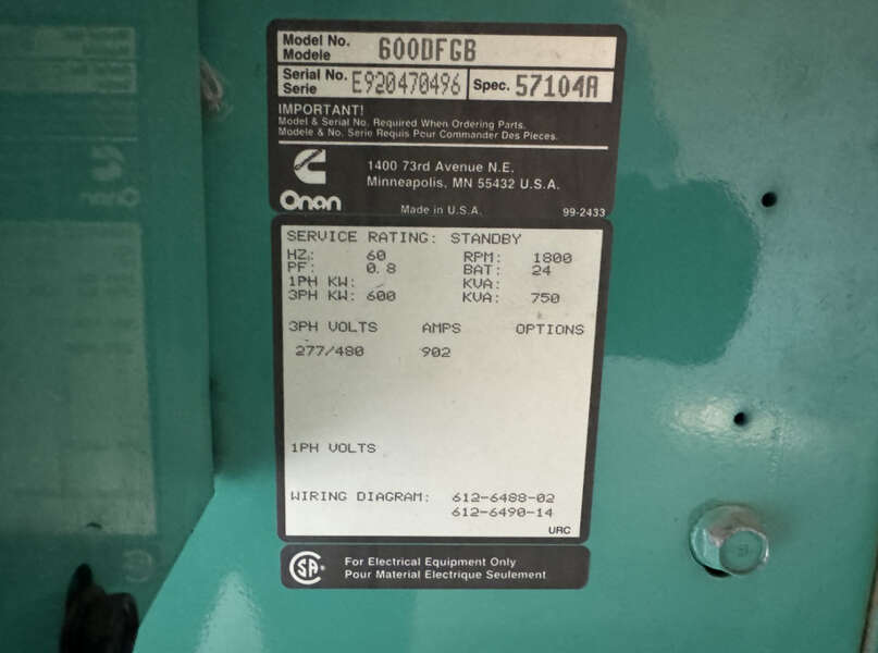 Used Cummins DFGB VTA28-G2 Diesel Generator, 1529 Hrs