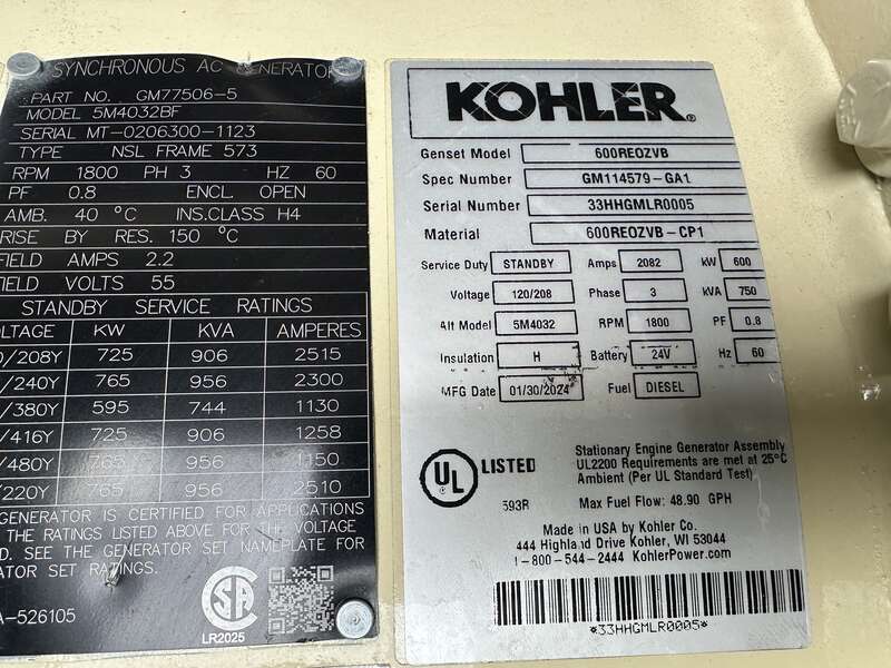 New Kohler 600REOZVB TWD16444GE Diesel Generator, 3 Hrs, EPA Tier 2
