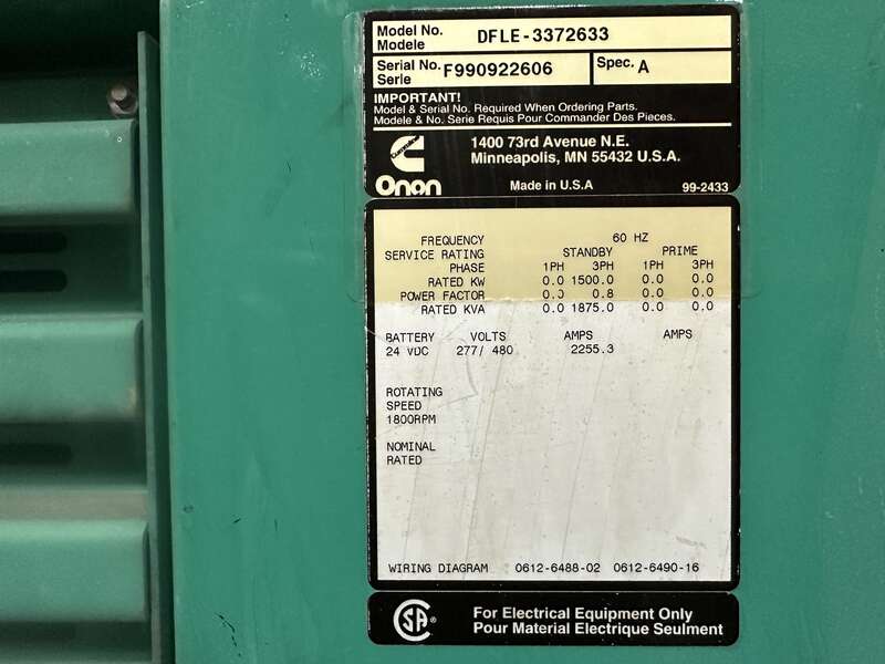 Used Cummins DFLE KTA50-G9 Diesel Generator, 229 Hrs