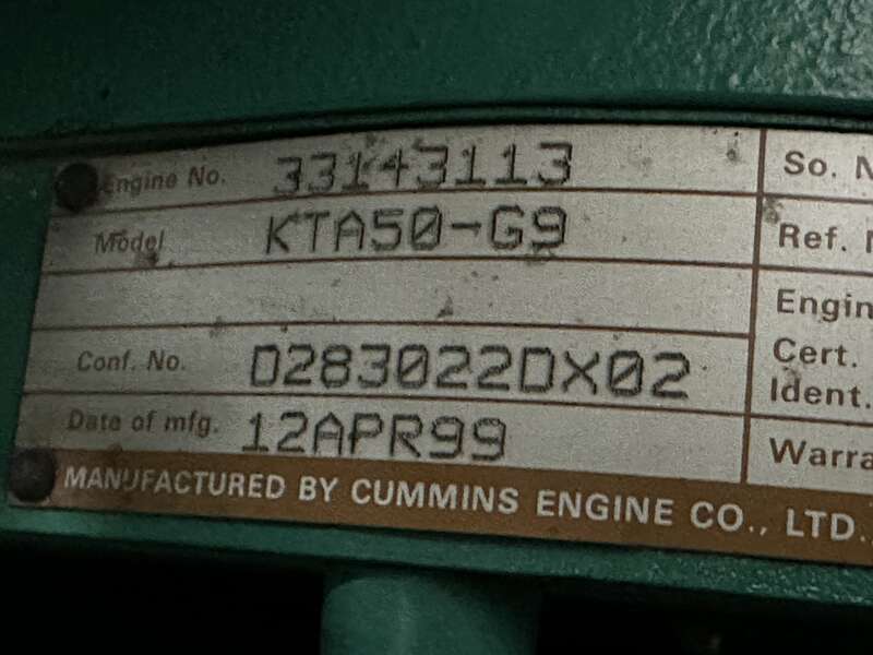 Used Cummins DFLE KTA50-G9 Diesel Generator, 229 Hrs