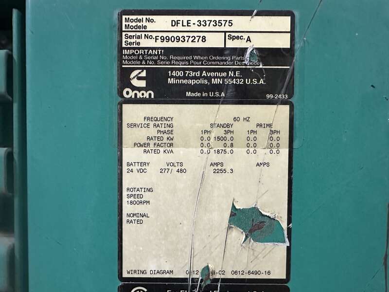 Used Cummins DFLE KTA50-G9 Diesel Generator, 224 Hrs