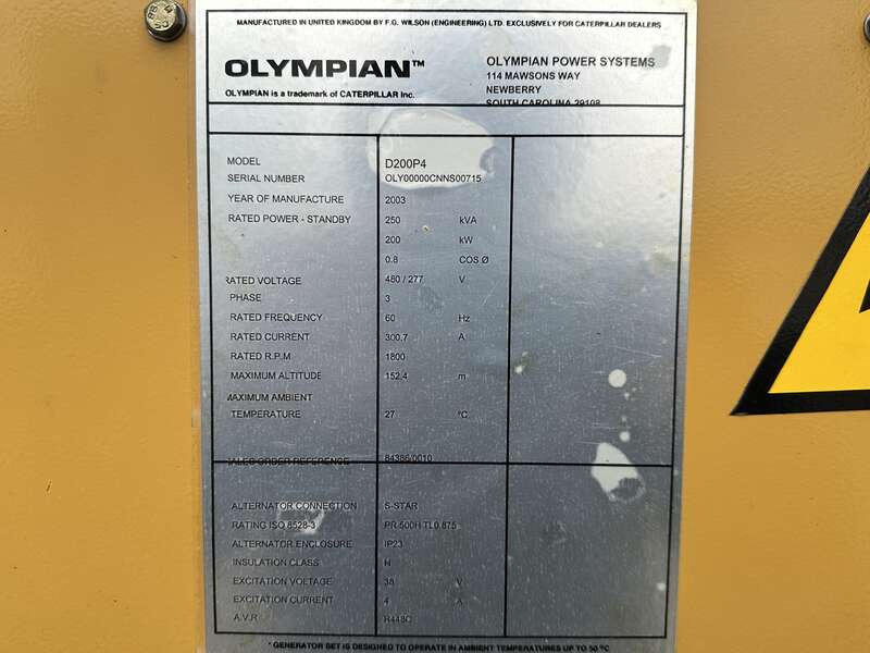 Used Caterpillar D200P4 Diesel Generator, 741 Hrs