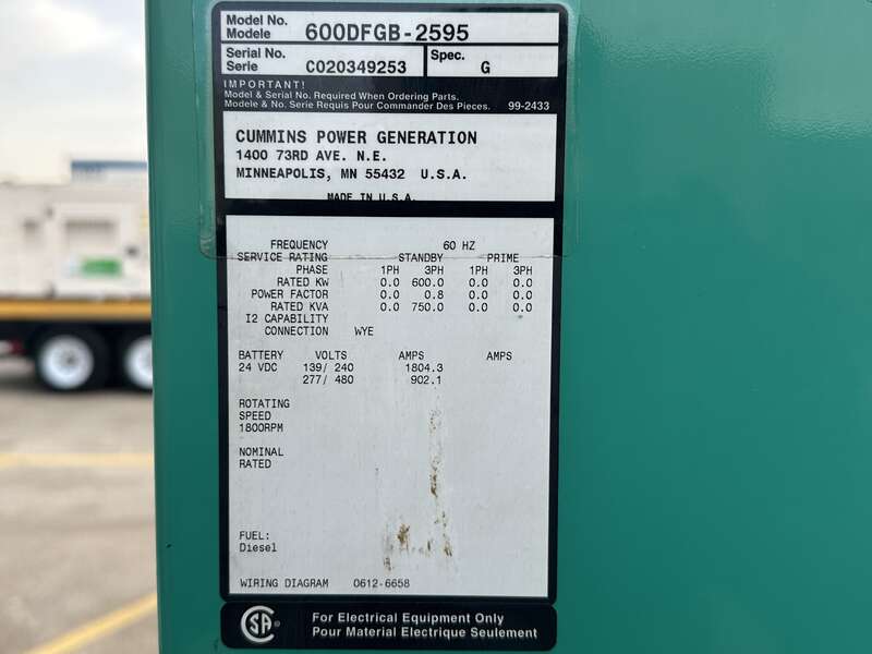 Used Cummins DFGB VTA28-G5 Diesel Generator, 278 Hrs