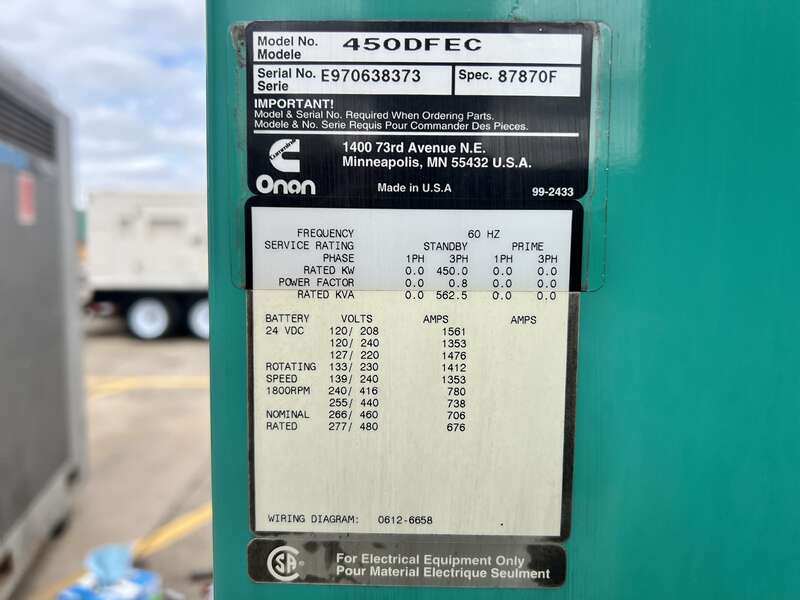 Used Cummins DFEC KTA19-G3 Diesel Generator, 582 Hrs