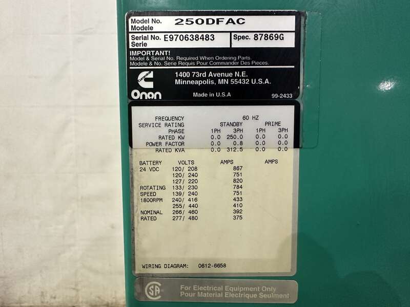 Used Cummins DFAC LTA10-G1 Diesel Generator, 517 Hrs