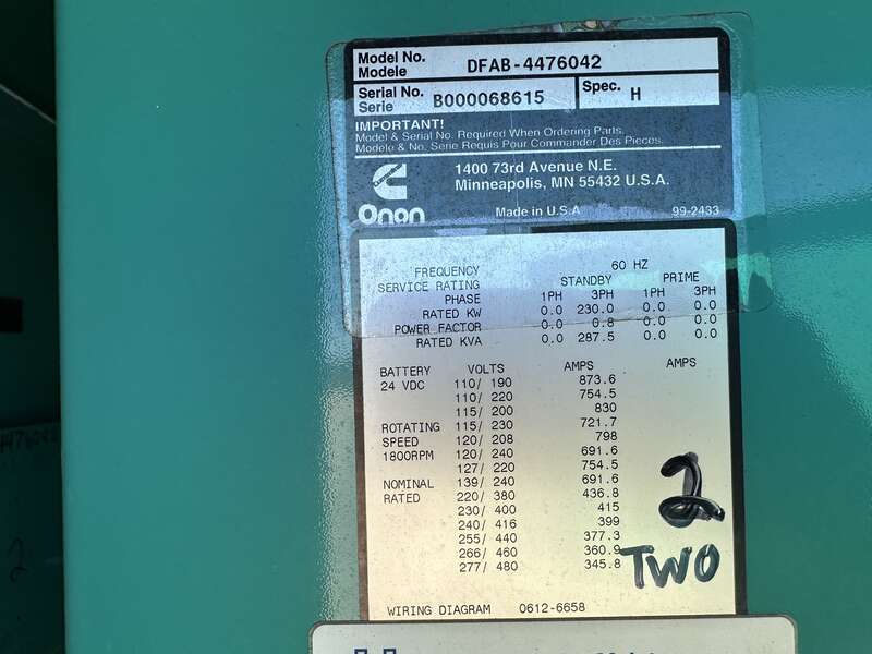 Used Cummins DFAB Diesel Generator, 370 Hrs