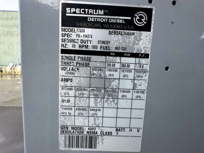 Used Detroit Diesel Spectrum 275GS Natural Gas Generator, 270 Hrs