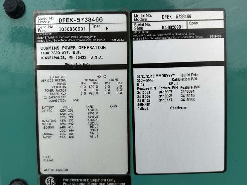 Used Cummins DFEK QSX15-G9 NR2 Diesel Generator 910 Hrs EPA Tier 2