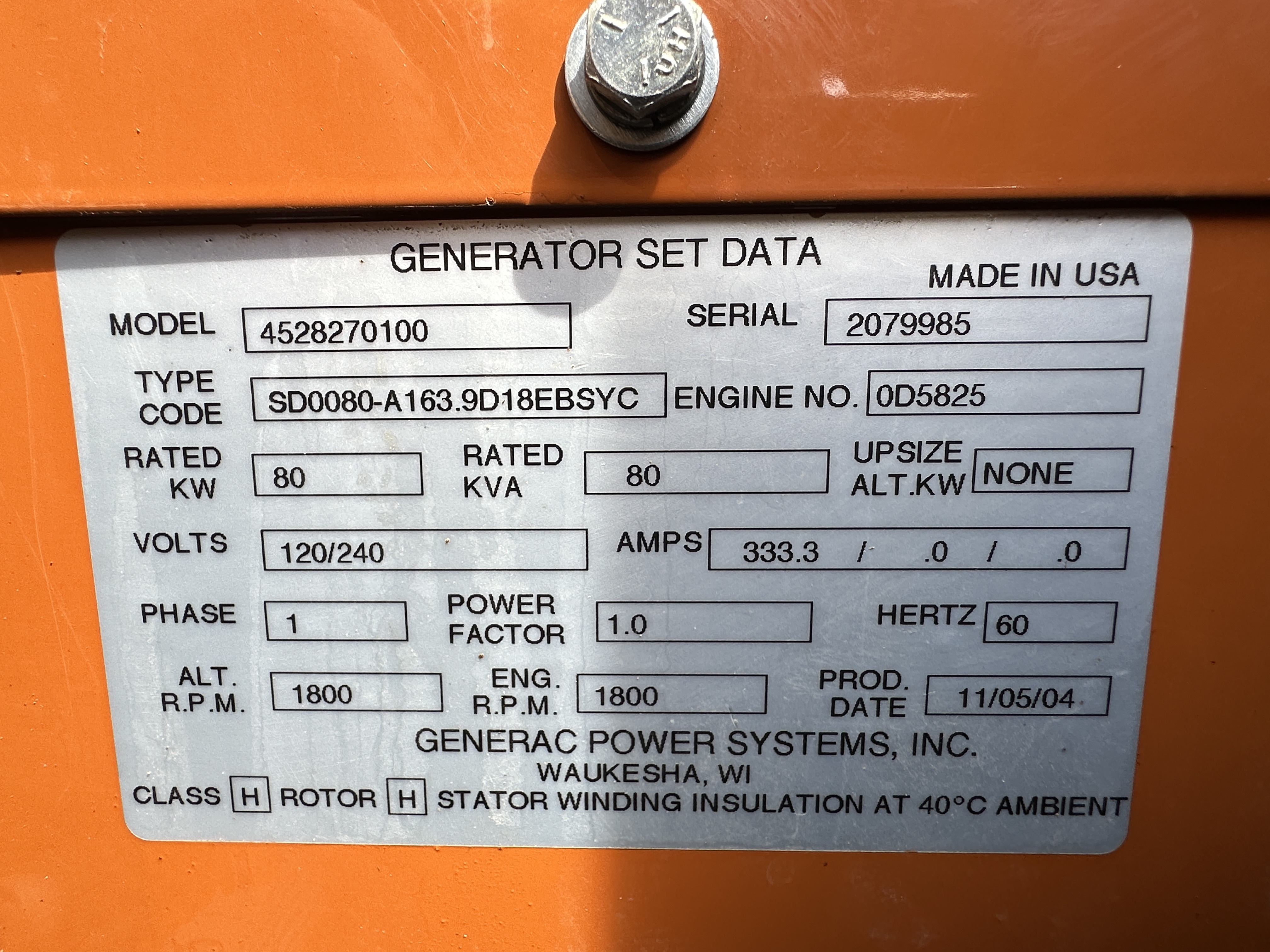 Used Generac SD080 Diesel Generator | 802 Hrs | Single Phase | 80