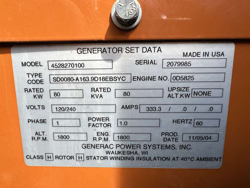 Used Generac SD080 Diesel Generator, 802 Hrs, Single Phase