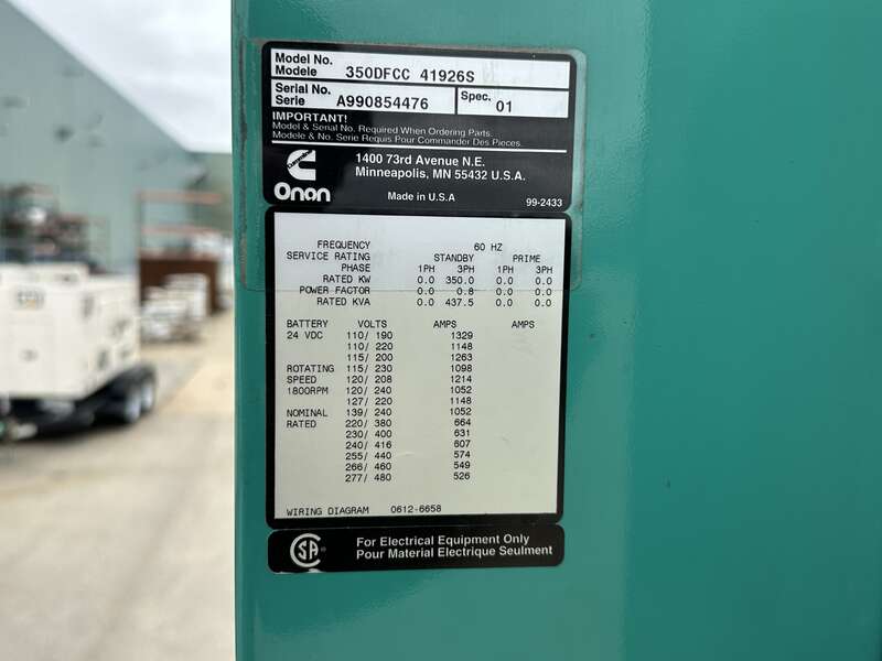 Used Cummins 350DFCC NTA-855-G3 Diesel Generator, 889 Hrs