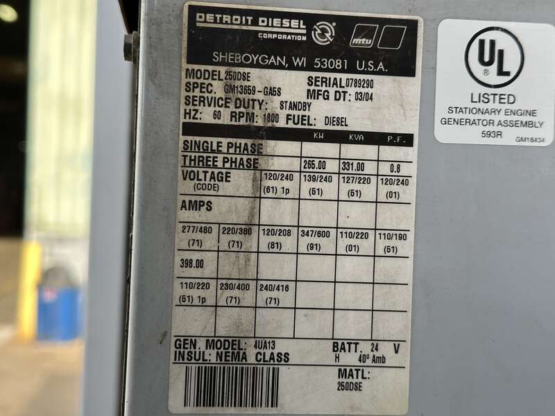 Used Detroit Diesel 250DSE Diesel Generator, 955 Hrs