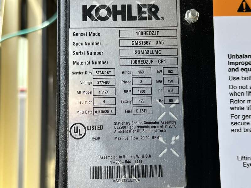 Used Kohler 100REOZJF Diesel Generator, 49 Hrs, EPA Tier 3