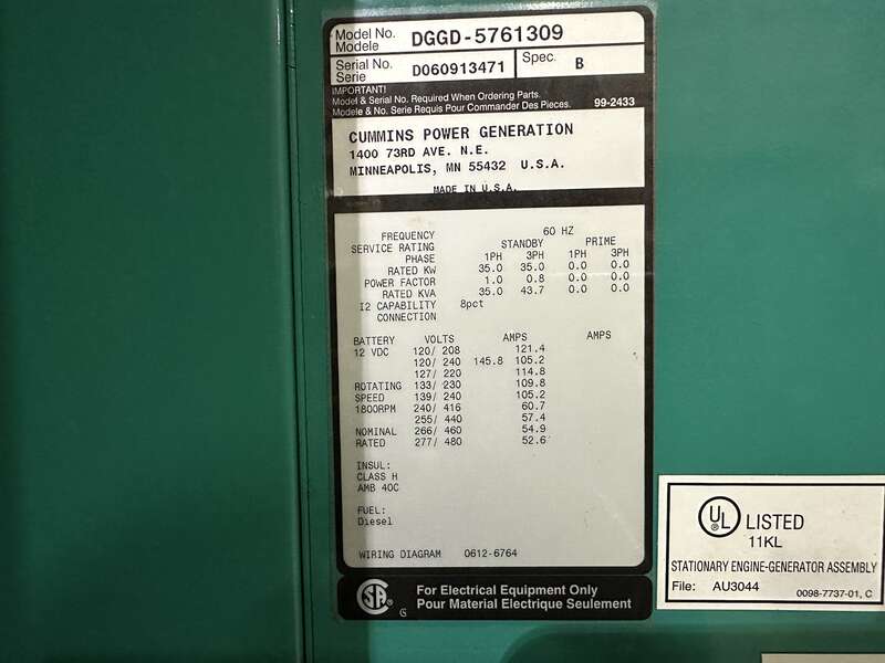Used Cummins DGGB 4B3.3-G1 Diesel Generator, 83 Hrs 1 or 3 Phase