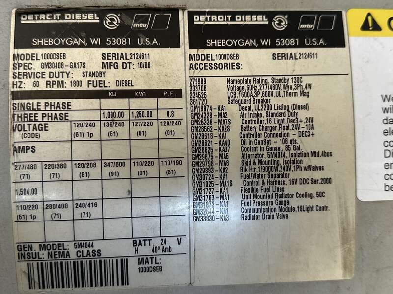 Used MTU / Detroit Diesel 1000DSEB Diesel Generator, 784 Hrs, EPA Tier 1