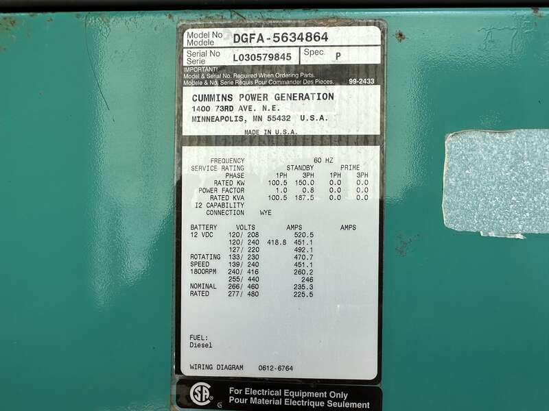 Used Cummins DGFA Diesel Generator, 188 hrs