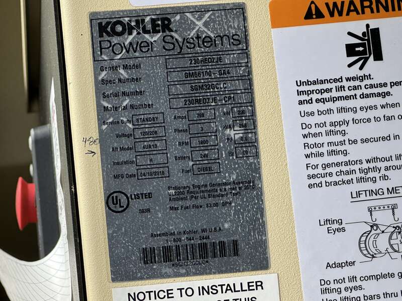 Used Kohler 230REOZJE Diesel Generator 1478 Hrs EPA Tier 3