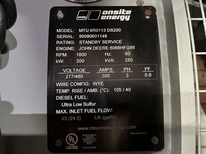 Used MTU DS200 Diesel Generator, 3 Hrs, EPA Tier 3