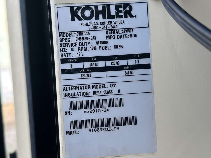 Used Kohler 100REOZJE Diesel Generator, 446 Hrs, EPA Tier 3