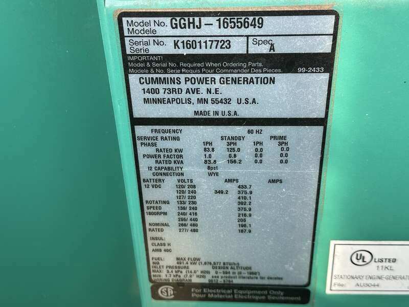 Used Cummins GGHJ Natural Gas / Propane Generator, 257 Hrs, EPA Certified