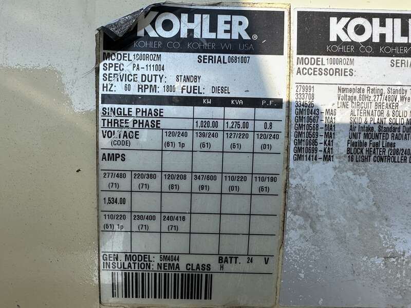 Used Kohler 1000ROZM Mitsubishi S12H-PTA Diesel Generator, 503 Hrs